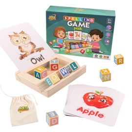 AXEL Adventures Spelling Game for Kids, Montessori Educational Toy for 3+ Year Old Includes 8 Wooden Blocks and Illustrated Cards, Alphabet Learning Toy Boosts Brain Development, Hand-Eye Coordination
