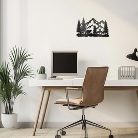 WADORN Wall Decoration with Bear Motif Mountain Forest, Wall Art with Silhouettes of Wildlife Bear Deer Rabbit Wall Art Sign Home Decoration for Home Balcony Garden Courtyard Living Room 30 x 17.7 cm