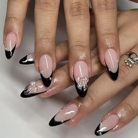 French Tip Press on Nails Black Almond Fake Nails Medium Bow Acrylic Nails Glossy Glue on Nails Nature Stick on Nails Artificial False Nails with Pearl Designs for Women Girls 24 Pcs