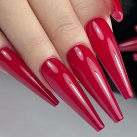 AddFavor XXXL Extra Long Press on Nails Coffin Glossy Red Fake Nails Full Cover Acrylic False Nails 12 Sizes 120pcs Nail Tips for Women Fingernails Manicure Design