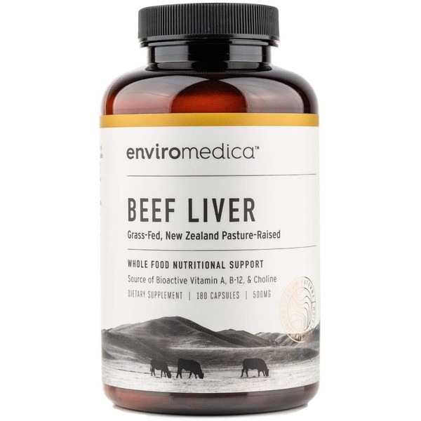 Enviromedica Freeze Dried Beef Liver Natural Energy Supplement Capsules of Pure Grass-Fed, Pastured, New Zealand Bovine with Preformed Vitamin A (180ct)