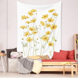 Shukqueen Yellow Flowers Tapestry Green Leaves White Wall Tapestry Wall Hanging for Bedroom Living Room Dorm Decor - 51.1 x 59.1 inches(130x150 cm)