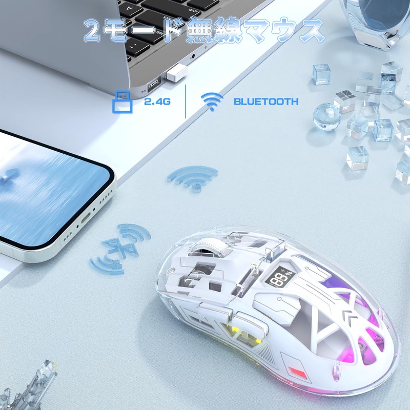 FREEWOLF Gaming Mouse, A2 Transparent RGB White, 2.4G/BT Connection, Wireless