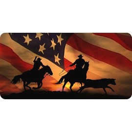 Team Roping On American Flag Photo License Plate