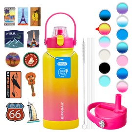 Insulated Water Bottle with Lid & Boot & Stickers, 32 oz Stainless Steel Sweat Free Bottle Keep Cold 24H, BPA-Free Sports Wide Mouth Water Bottle, YellowRed