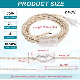uxcell 12Ft 18/2 Twisted Cloth Covered Lamp Cord, 2 Pcs Vintage Fabric Electrical Wire with Switch Button and Plug Stripped Ends Ready for Extension Wiring DIY Repairing, Beige