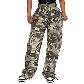 Camo Cargo Pants Women High Waisted Baggy Straight Leg Relaxed Fit Jeans Y2K Fashion Hiking Pants Rave Outfits Streetwear with 4 Pockets Green Camo M