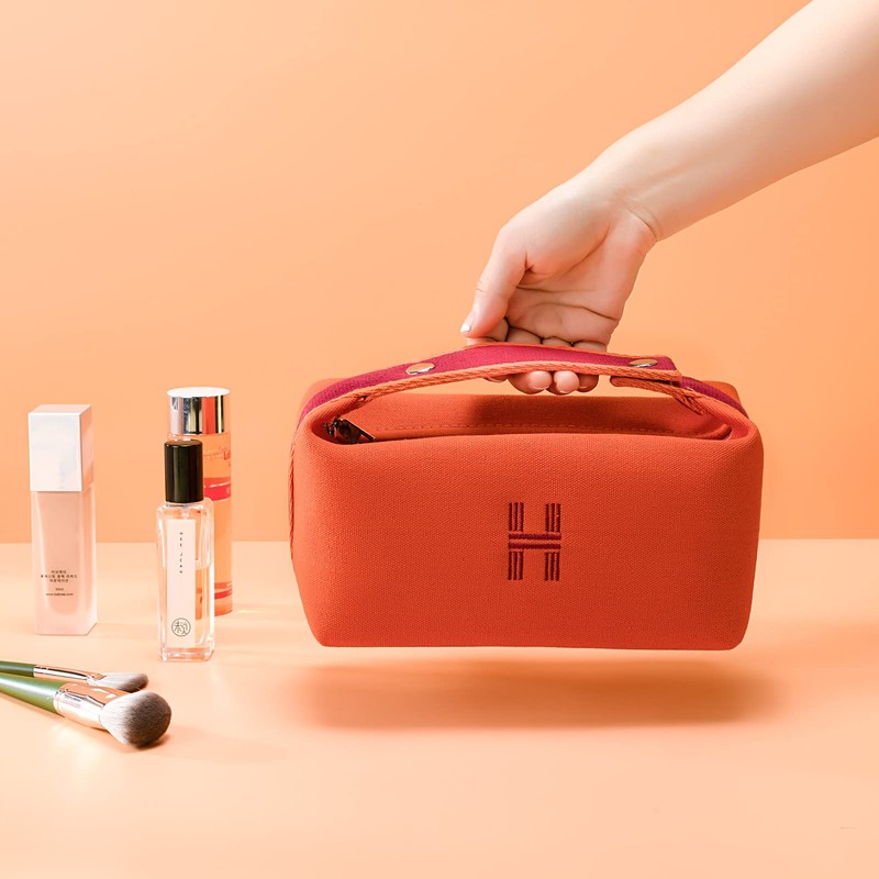 Sluxa ファッションメイクアップバッグ レディース オレンジレッドキャンバス メイクアップトラベルバッグ ハンギングコスメティックバッグオーガナイザー 女性用, レッド