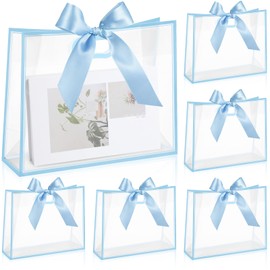 Aliceset 12 Pcs Clear Plastic Gift Bags with Die Cut Handles Reusable Flower Gift Bag with Ribbon for Wedding Bridal Shower Baby Shower Birthday Party Business, 12 x 10 x 5''(Blue)