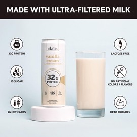 Slate Milk - High Protein Nutrition Shake - Vanilla Cream - 32g Protein, 1g Sugar, 150 Calories, 1g Net Carbs - Lactose Free - No Added Sugar - Breakfast Boost, Post Workout - 11 fl oz, 12 Cans