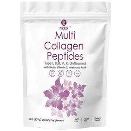 NZEN 2LB Multl Collagen Peptides Powder -Hyarolyzed ProteinPeptides(Type l,II, III, V,X) witnHyaluronic Acid,Blotin & Vitamin C- Unnavored hair & nail care gmo-free  Healthcare Fitness Supplement Edible Dietary Healthy Colagen Beauty:_1LB