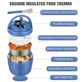 Itslife Thermal Food Container 970 ml, Thermal Bowl with Lid, Stainless Steel Warming Container with Spoon, Thermos Flask Food Leak-Proof, Thermal Lunch Box for Soups, Baby Food, Porridge, Blue