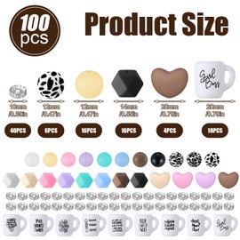Hotop 100 Pcs Silicone Beads and Spacer Beads Set 60 Pcs Leopard Cow Print Polygonal Silicone Focal Beads Coffee Cup Mom Beads 40 Pcs Spacers for Jewelry Making DIY Necklace Bracelet Pens Craft