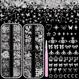 3D Silver Nail Charms for Nails Design, Alloy Planet Bow Crown Butterfly Heart Star Moon Y2K Metal Jewels Nail Charms and Gems for Nails Art and DIY Crafts Accessories