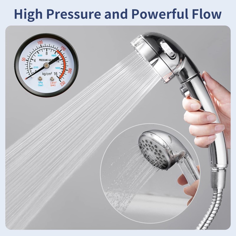 HANLIAN High Pressure Shower Head with Pause Button, 3 Spray
