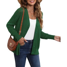 Yommay Cardigans for Women Long Sleeves Classic V Neck Ribbed Knit Cardigan Soft Casual Trendy Ladies Sweaters,Dark Green,XL