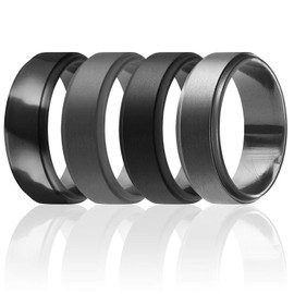 ROQ Silicone Rubber Wedding Ring for Men, Men's Wedding Band, Breathable Rubber Engagement Band, 8mm Wide 2mm Thick, Step Edge, 4 Pack, Black, Black Camo, Silver, Beveled Metallic Platinum, Size 9