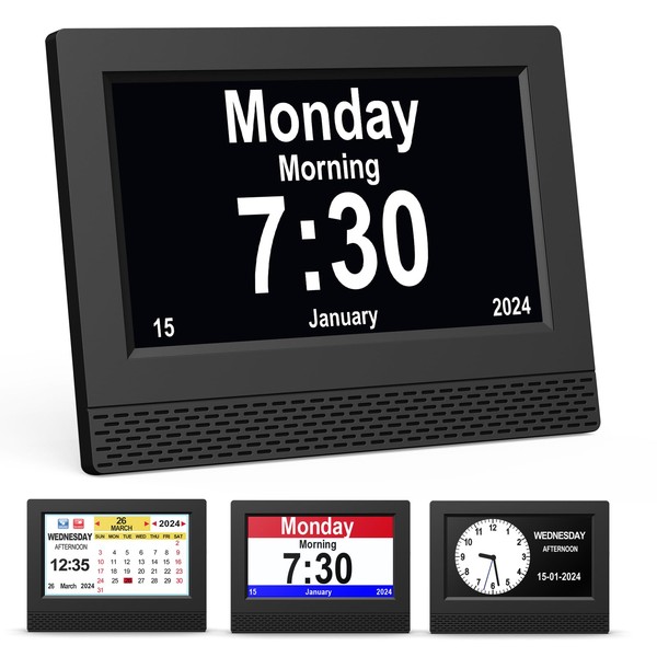 SENXINGYAN Digital Calendar Alarm Clock, 7 Inch HD Large Screen Display Alarm Clock, Multiple Clock Modes, Senior Clock with Date and Day of the Week, Automatically Dimmable for Seniors, Adults and