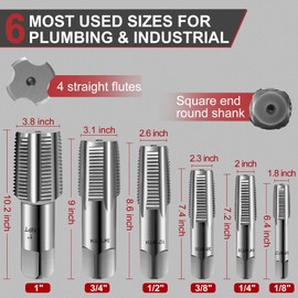 6 PCs Pipe Tap Set - Precision Carbon Steel NPT Tap Set Includes 1" 1/8" 1/4" 3/8" 1/2" 3/4" for Clean Accurate Threads - Assorted Plumbers Mechanics DIY Thread Cutting Tools with Sturdy Case