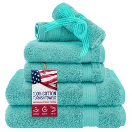 American Veteran Towel, 6 Piece Towel Set for Bathroom Clearance Prime, 100% Cotton Turkish Bathroom Towels, 2 Bath Towels 2 Hand Towels 2 Washcloths, Turquoise Blue