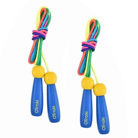 OTraki Children's Adjustable Skipping Rope, 200 cm Skipping Rope with Wooden Handle & Cotton Rope, Jump Rope for Boys & Girls for Fitness, Playing & Promoting Bone Development, Pack of 2, blue, 200cm