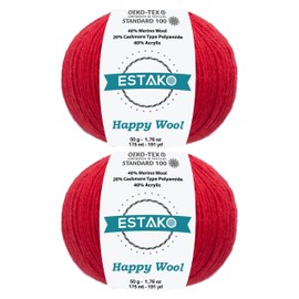 Estako Happy Wool (2 Skeins pack) 40% Merino Wool 20% Cashmere Type Polyamide 40% Acyrlic Fingering weight soft Knitting and Crochet Yarn (2 x 1.76 oz) (2 x 191 yds) (8011 - Red)