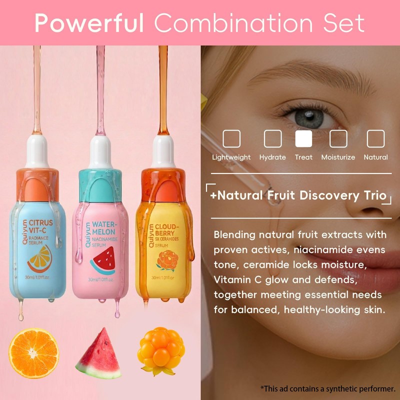QUIUM Face Serum Skin Care Set, 3Pcs With Citrus, Watermelon,