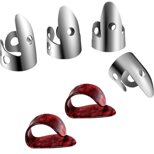 Shappy 6 Pieces Banjo Finger Picks Set, Including Stainless Steel Finger Picks and Thumb Picks, Metal Finger Picks Adjustable Bass Finger Picks for Guitar, Banjos, Instruments (Silver, Red)