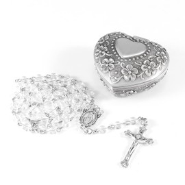 WHLHMK Rosary Beads Catholic for Girls With Rosary Box, White Crystal Heart Shaped Beads Rosary Necklace with Heart Shaped Vintage Jewelry Box, Anglican Prayer Beads Christian Gifts for Women