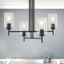 ASHUAQI Kitchen Island Lighting, 4-Light Farmhouse Chandeliers for Dining Room, Black Pendant Lights Kitchen Island with Clear Glass Shade, Dining Room Light Fixtures Over Table