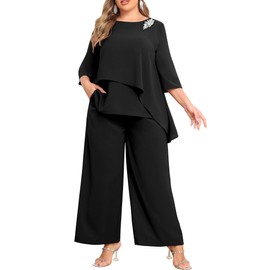 AOVDE Mother of Bride Pantsuits Plus Size Dressy Pant Suits 2 Piece Sets with Pockets for Women Formal Wedding Guest Party Outfit Black 18