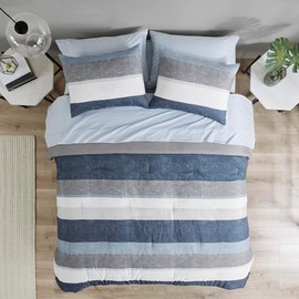 Oakestry Jaxon Lightweight Microfiber Luxury Striped Bed-in-a-Bag Comforter Durable & Cozy All Season Ultra Soft 7 Piece Bedding Set, King Size, Blue/Grey