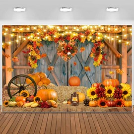 ChloropLastid Fall Thanksgiving Backdrop Barn Door Autumn Photo Background for Photography Pumpkins Sunflowes Maple Leaves Thanksgiving Day Baby Shower Party Decor Photo Booth Props 10x8FT