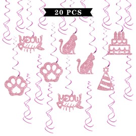 Maicaiffe Cat Birthday Hanging Swirl Decorations - Glitter 20 Pcs It's My Meowday Party Supplies - Cute Cat Birthday Streamers - Welcome Cat Pet kitten Birthday Party Foil Swirls Ceiling Decorations