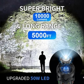 ESGOFO Rechargeable Flashlights High Lumens 10000 Long Distance, Super Bright LED Flash Light Long Lasting USB C LCD Display, Double Light Source & Buttons with Red Light, for Camping Hiking Emergency