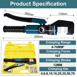 BLIKA 10 Ton Hydraulic Crimping Tool, Hydraulic Cable Lug Crimper 12 to 2/0 AWG, Hydraulic Hand Crimper Tool for 1/8" to 3/16" Cable Railing Kit, Cable Railing Crimper Tool with 13 Dies