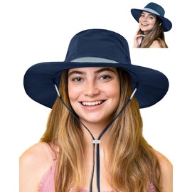 Waterproof Sun Hats for Women UV Protection Fishing Hat Wide Brim Safari Hats 2 in 1 Snap-Button Flodable Bucket Hat Outdoor Navy Blue