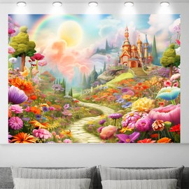 Fairy Tale Castle Backdrop 7 x 5 ft ，Pink Magical Fairytale Flower Princess Theme Backdrop ， Spring Floral Background Girls Birthday Party Studio Props Supplies Decoration