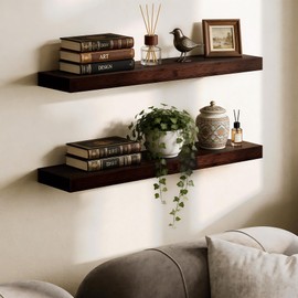 BAMEOS Solid Bamboo Floating Shelves, Set of 2 with Invisible Brackets, Natural Wood Grain Decor for Living Room, Bedroom, Kitchen, Bathroom & Office Storage