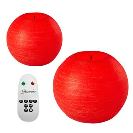 FUWDEO Flameless LED Sphere Candles with Remote Control & Timer, Flickering Globe Candles Unscented Real Wax with Rustic Texture,Suitable for Home or Christmas Décor, Battery Powered, 2PK (Red)