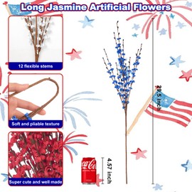 Wootkey Multicolor Jasmine Flowers Decorations Outdoor 29" Patriotic Flowers Stems with 6 Pcs Red White Blue for Home Table Centerpieces Independence Day Party Memorial Day