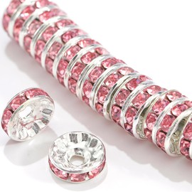 Guoxin 100Pcs Rondelle Spacer Beads Round Crystal Charms Czech Rhinestone Silver Plated Spacer Loose Beads for DIY Bracelet Necklace Jewelry Making Supplies (4MM, Pink)
