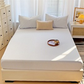 Odot Blue Stripes Fitted Sheets 100% Polyester Elastic Bedding Sheets, Double King Single Size Bed for Deep Pocket 25cm - Shrinkage Fade Resistant Easy Care