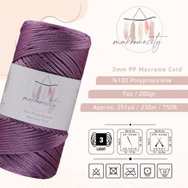 Makromecity, Polyester Macrame Cord 2mm x 250 Yards (750 feet) 2mm Polypropylene Macrame Cord for Macrame Art & Crafts for Wall Hangings, Bags, Underplate, Rug (29 Colors Available)