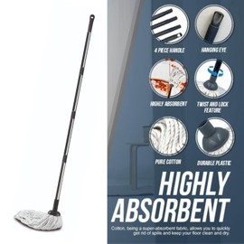 Requisite Needs long cotton floor mop – Looped string mop with detachable head and handle – lightweight and easy to use – Includes 2 Cotton strings mop heads (2 cotton mops with handle)