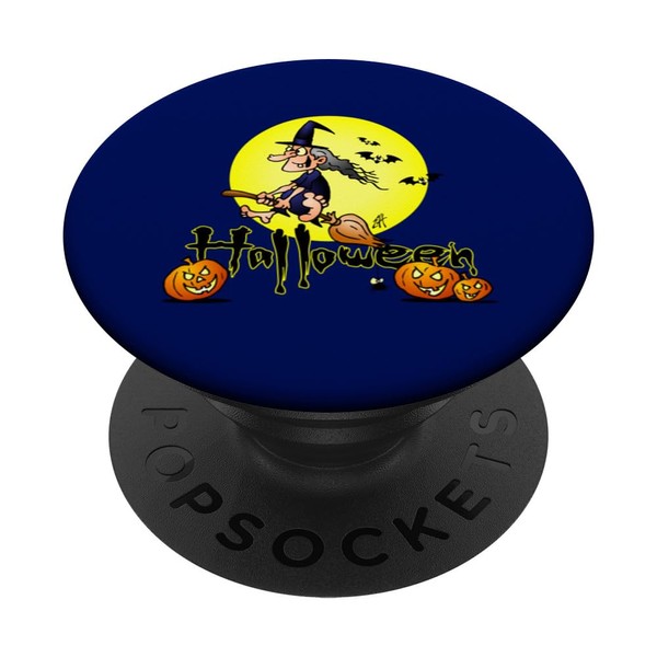 Witch Flying on Broom Halloween Art: Moon, Bats & Pumpkins