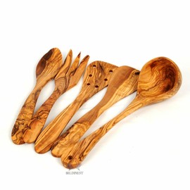 Beldinest Handmade Olive Wood Set of Five and Ladle Fork Slim Spoon 2 spatulas and Ladle