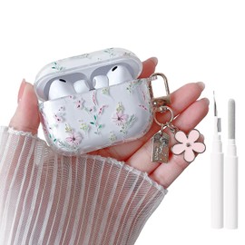 MINSCOSE Compatible with AirPods Pro 3rd Generation Case (2025) with Cleaner Kit, Cute Cartoon Flower Pattern Design with Aesthetic Floral Keychain for Girls Women for AirPods Pro 3-Pink