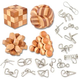 WishesMar 22 Pcs Wooden Brain Teaser Puzzles and Metal Wire Brain Teaser Set Logic Mind Educational Toy - Assembly Disentanglement Puzzles Interlocking Lock Games Gift for Kids and Adults - Set #3