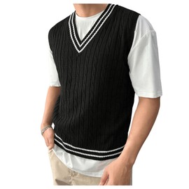 SOLY HUX Men's Striped Cable Knit Sweater Vest V Neck Sleeveless Casual School Sweater Tops Black Striped Medium